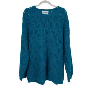 Vintage Mohair Women’s Sweater Size L Open Knit Crew Neck Blue Boho Feminine